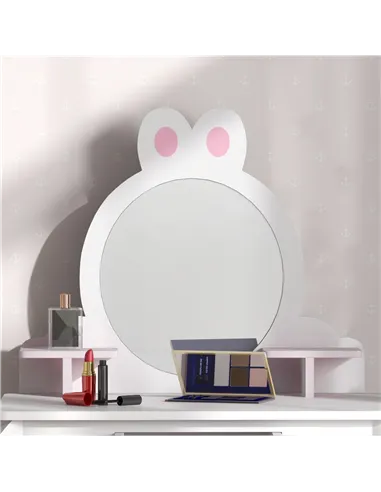 ZONEKIZ Bunny-Design Kids Dressing Table, with Mirror and Stool - White and Pink