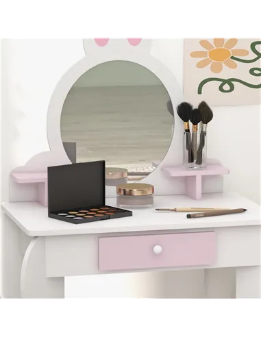 ZONEKIZ Bunny-Design Kids Dressing Table, with Mirror and Stool - White and Pink