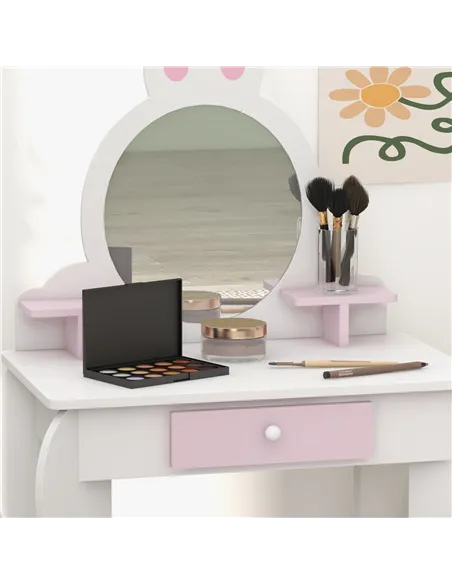 ZONEKIZ Bunny-Design Kids Dressing Table, with Mirror and Stool - White and Pink