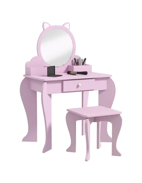 ZONEKIZ Kids Vanity Table with Mirror, Stool, Drawer, Storage Boxes, Cat Design, for Ages 3-6 Years - Pink