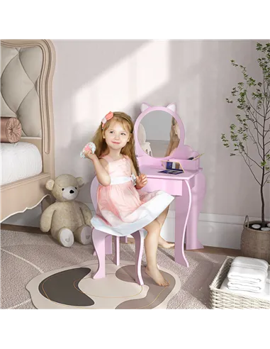 ZONEKIZ Kids Vanity Table with Mirror, Stool, Drawer, Storage Boxes, Cat Design, for Ages 3-6 Years - Pink