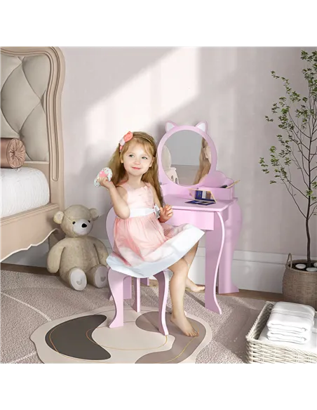 ZONEKIZ Kids Vanity Table with Mirror, Stool, Drawer, Storage Boxes, Cat Design, for Ages 3-6 Years - Pink