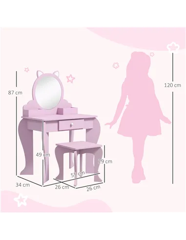 ZONEKIZ Kids Vanity Table with Mirror, Stool, Drawer, Storage Boxes, Cat Design, for Ages 3-6 Years - Pink