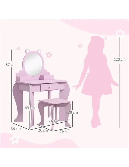 ZONEKIZ Kids Vanity Table with Mirror, Stool, Drawer, Storage Boxes, Cat Design, for Ages 3-6 Years - Pink