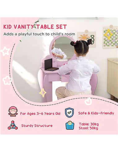 ZONEKIZ Kids Vanity Table with Mirror, Stool, Drawer, Storage Boxes, Cat Design, for Ages 3-6 Years - Pink