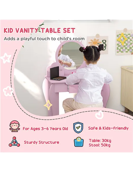 ZONEKIZ Kids Vanity Table with Mirror, Stool, Drawer, Storage Boxes, Cat Design, for Ages 3-6 Years - Pink