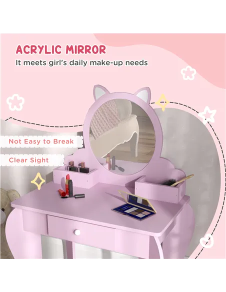 ZONEKIZ Kids Vanity Table with Mirror, Stool, Drawer, Storage Boxes, Cat Design, for Ages 3-6 Years - Pink