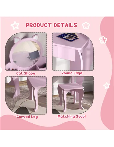 ZONEKIZ Kids Vanity Table with Mirror, Stool, Drawer, Storage Boxes, Cat Design, for Ages 3-6 Years - Pink