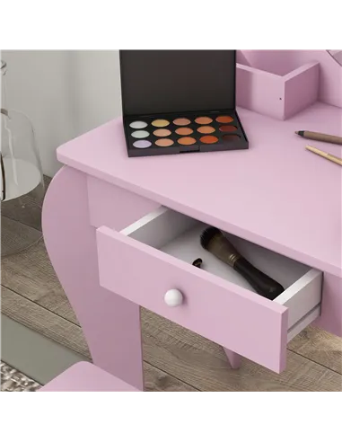 ZONEKIZ Kids Vanity Table with Mirror, Stool, Drawer, Storage Boxes, Cat Design, for Ages 3-6 Years - Pink