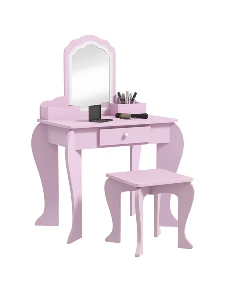 ZONEKIZ Kids Vanity Table with Mirror, Stool, Drawer, Storage Boxes, Cloud Design, for Ages 3-6 Years - Pink