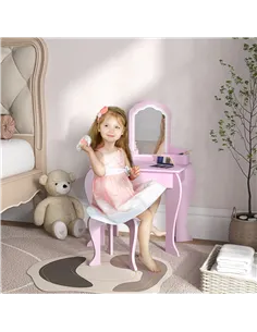ZONEKIZ Kids Vanity Table with Mirror, Stool, Drawer, Storage Boxes, Cloud Design, for Ages 3-6 Years - Pink 2