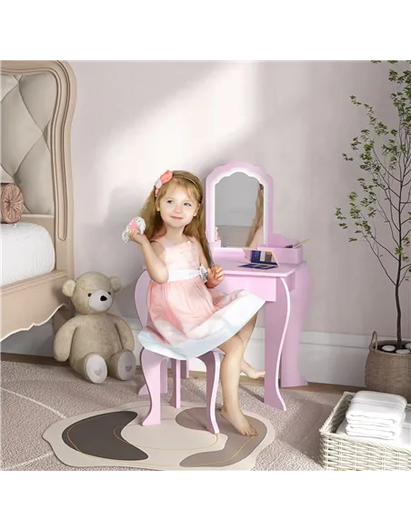 ZONEKIZ Kids Vanity Table with Mirror, Stool, Drawer, Storage Boxes, Cloud Design, for Ages 3-6 Years - Pink