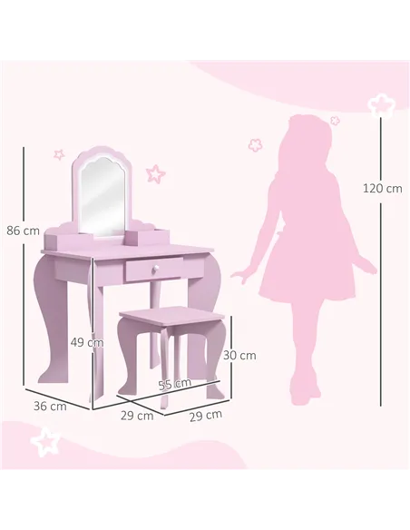 ZONEKIZ Kids Vanity Table with Mirror, Stool, Drawer, Storage Boxes, Cloud Design, for Ages 3-6 Years - Pink