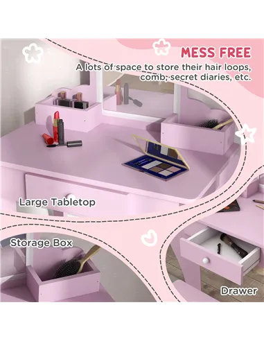 ZONEKIZ Kids Vanity Table with Mirror, Stool, Drawer, Storage Boxes, Cloud Design, for Ages 3-6 Years - Pink