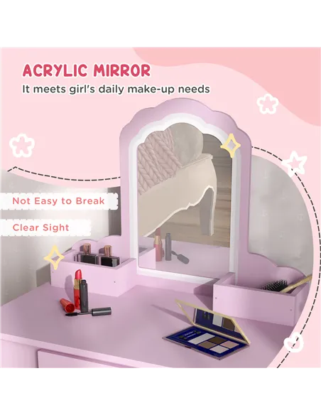 ZONEKIZ Kids Vanity Table with Mirror, Stool, Drawer, Storage Boxes, Cloud Design, for Ages 3-6 Years - Pink