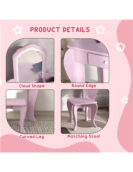 ZONEKIZ Kids Vanity Table with Mirror, Stool, Drawer, Storage Boxes, Cloud Design, for Ages 3-6 Years - Pink