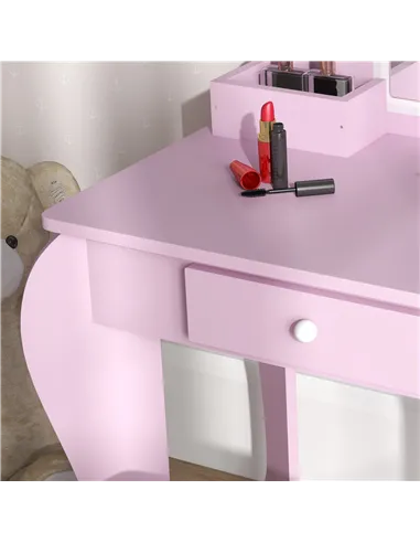 ZONEKIZ Kids Vanity Table with Mirror, Stool, Drawer, Storage Boxes, Cloud Design, for Ages 3-6 Years - Pink