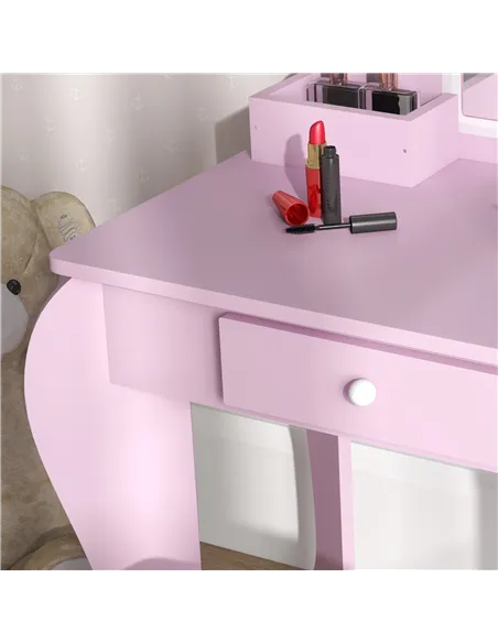 ZONEKIZ Kids Vanity Table with Mirror, Stool, Drawer, Storage Boxes, Cloud Design, for Ages 3-6 Years - Pink