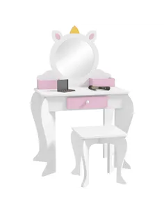 ZONEKIZ Unicorn-Design Kids Dressing Table, with Mirror and Stool - White