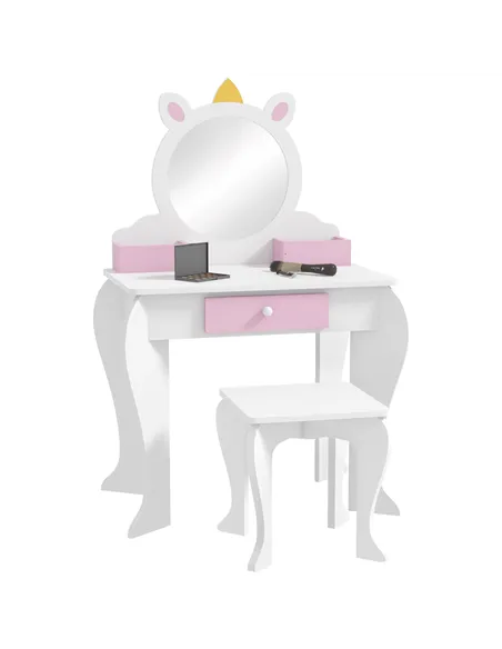 ZONEKIZ Unicorn-Design Kids Dressing Table, with Mirror and Stool - White