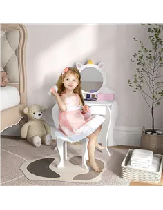 ZONEKIZ Unicorn-Design Kids Dressing Table, with Mirror and Stool - White 2
