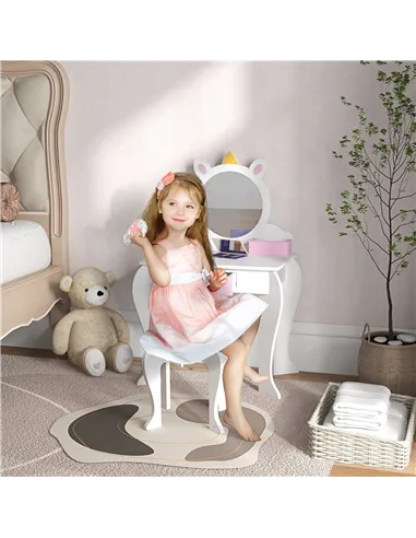 ZONEKIZ Unicorn-Design Kids Dressing Table, with Mirror and Stool - White