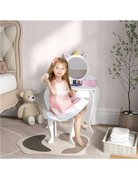 ZONEKIZ Unicorn-Design Kids Dressing Table, with Mirror and Stool - White