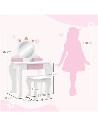 ZONEKIZ Unicorn-Design Kids Dressing Table, with Mirror and Stool - White
