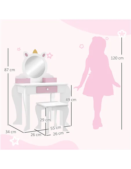 ZONEKIZ Unicorn-Design Kids Dressing Table, with Mirror and Stool - White