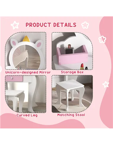 ZONEKIZ Unicorn-Design Kids Dressing Table, with Mirror and Stool - White