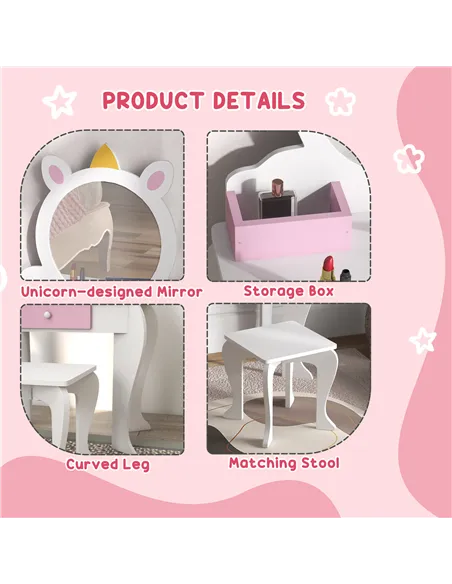ZONEKIZ Unicorn-Design Kids Dressing Table, with Mirror and Stool - White