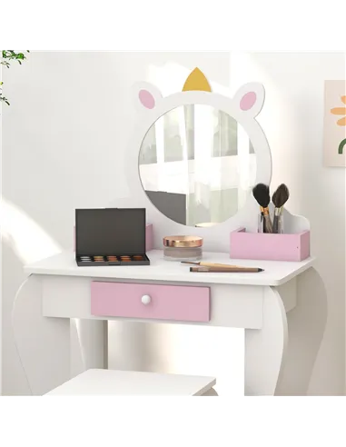 ZONEKIZ Unicorn-Design Kids Dressing Table, with Mirror and Stool - White