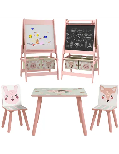 ZONEKIZ Kids Table and Chair Set and Kids Easel with Paper Roll, Storage Baskets, Kids Activity Furniture Set, Pink