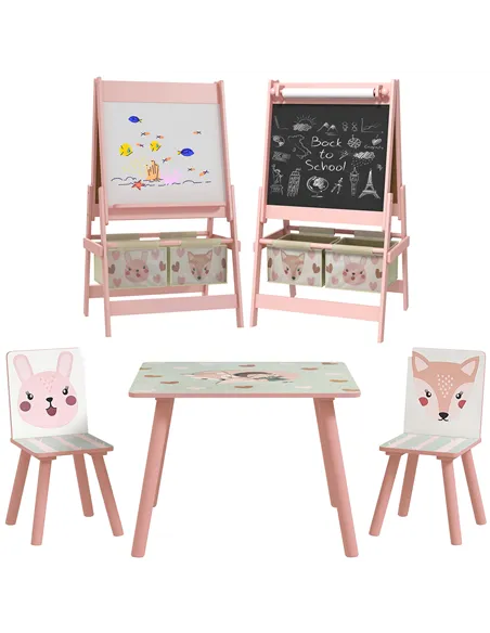 ZONEKIZ Kids Table and Chair Set and Kids Easel with Paper Roll, Storage Baskets, Kids Activity Furniture Set, Pink
