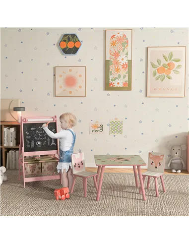 ZONEKIZ Kids Table and Chair Set and Kids Easel with Paper Roll, Storage Baskets, Kids Activity Furniture Set, Pink