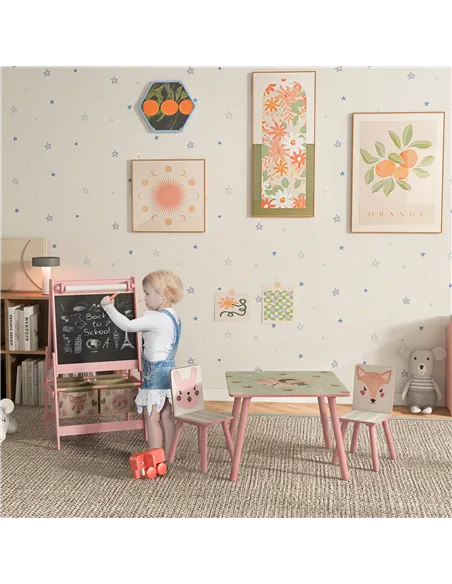 ZONEKIZ Kids Table and Chair Set and Kids Easel with Paper Roll, Storage Baskets, Kids Activity Furniture Set, Pink