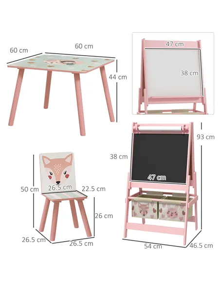 ZONEKIZ Kids Table and Chair Set and Kids Easel with Paper Roll, Storage Baskets, Kids Activity Furniture Set, Pink