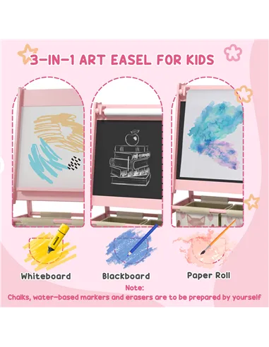 ZONEKIZ Kids Table and Chair Set and Kids Easel with Paper Roll, Storage Baskets, Kids Activity Furniture Set, Pink