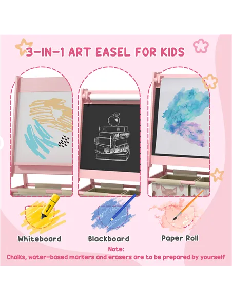 ZONEKIZ Kids Table and Chair Set and Kids Easel with Paper Roll, Storage Baskets, Kids Activity Furniture Set, Pink