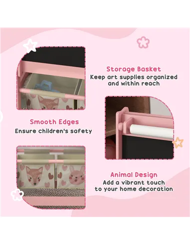 ZONEKIZ Kids Table and Chair Set and Kids Easel with Paper Roll, Storage Baskets, Kids Activity Furniture Set, Pink