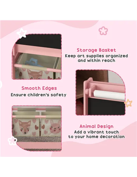 ZONEKIZ Kids Table and Chair Set and Kids Easel with Paper Roll, Storage Baskets, Kids Activity Furniture Set, Pink