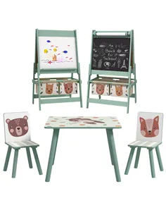 ZONEKIZ Kids Table and Chair Set and Kids Easel with Paper Roll, Storage Baskets, Kids Activity Furniture Set, Green