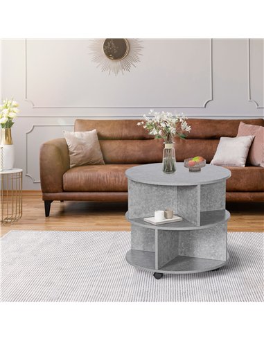 HOMCOM Round Coffee Table with Wheels, 3-Tier Rolling Side Table for Living Room with Divided Shelves, Cement Colour