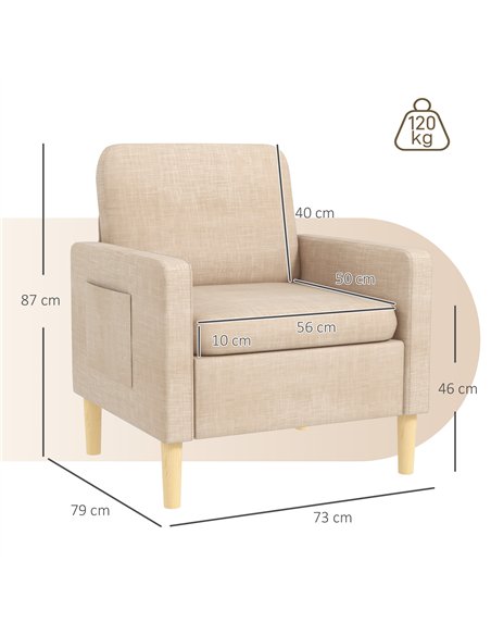 HOMCOM Modern Accent Chair, Comfy Fireside Chair, Upholstered Armchair for Living Room, Bedroom, Home Office, Beige