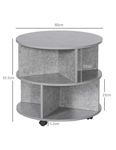 HOMCOM Round Coffee Table with Wheels, 3-Tier Rolling Side Table for Living Room with Divided Shelves, Cement Colour