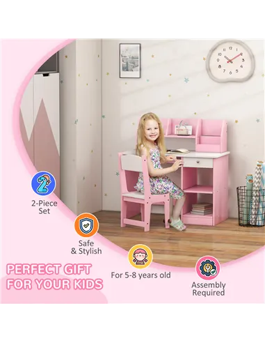 ZONEKIZ Two-Piece Kids Desk and Chair Set with Storage, for Ages 5-8 Years - Pink