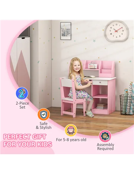 ZONEKIZ Two-Piece Kids Desk and Chair Set with Storage, for Ages 5-8 Years - Pink