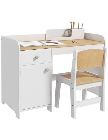 ZONEKIZ Kids Desk and Chair Set for 3-6 Years with Storage Drawer, Study Table and Chair for Children - White