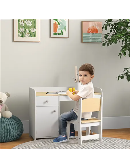 ZONEKIZ Kids Desk and Chair Set for 3-6 Years with Storage Drawer, Study Table and Chair for Children - White
