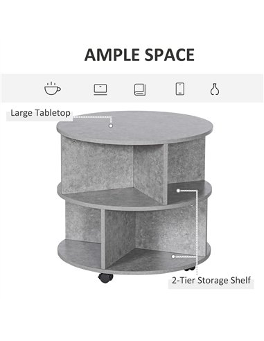 HOMCOM Round Coffee Table with Wheels, 3-Tier Rolling Side Table for Living Room with Divided Shelves, Cement Colour